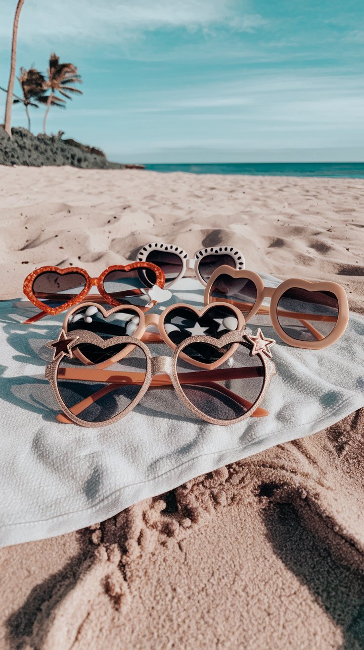 A group cruise gift idea could be this selection of six pairs of sunglasses with various frames, stylishly presented on a white towel resting on a sandy beach. The ocean shimmers and palm trees sway gently in the background under a clear blue sky.