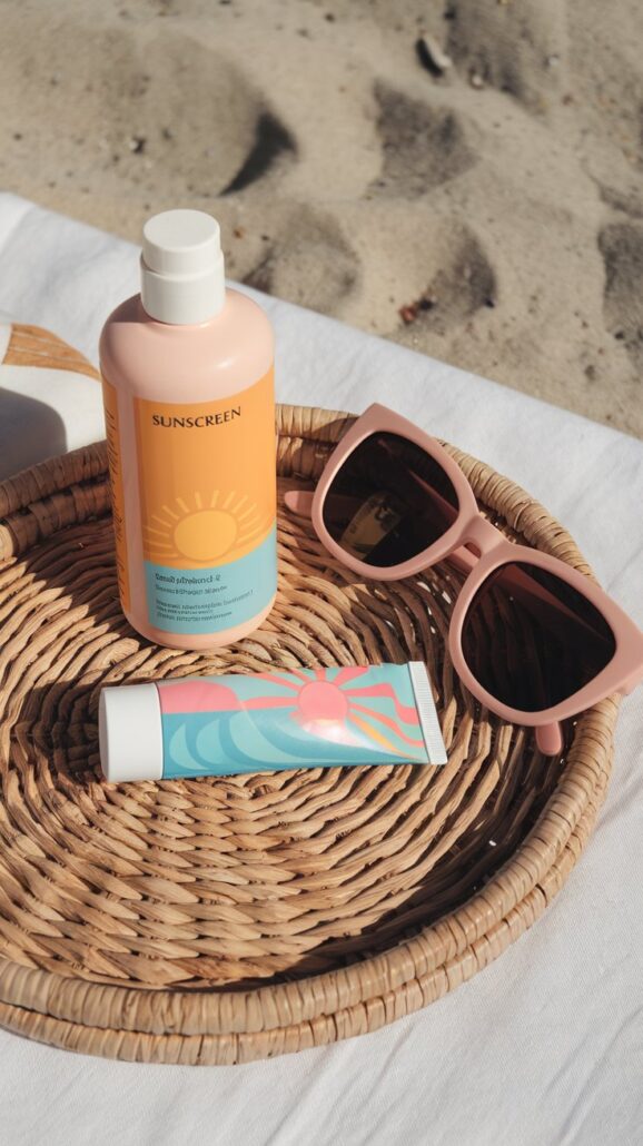 A round woven basket on a beach towel holds essential items for a day in the sun: a bottle of sunscreen, a tube of sunscreen, and pink sunglasses. Perfect companions for relaxing on the shore, dreaming of your next Hawaiian cruise, with sand visible in the background.