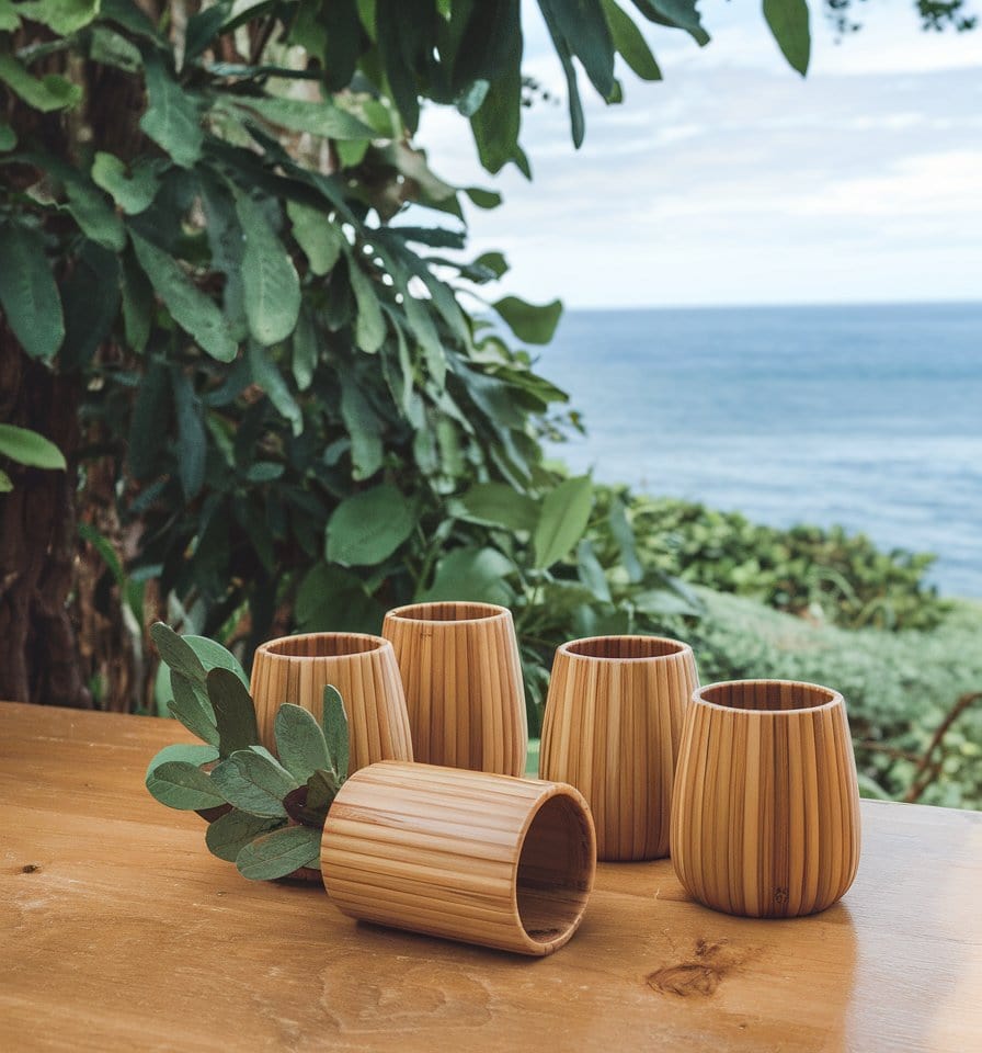 Five wooden cups are arranged on a rustic wooden table outdoors, with one cup tipped over, creatively holding greenery. Surrounded by lush plants, the scene offers a picturesque backdrop of the ocean under a cloudy sky—perfect inspiration for family travel memories.