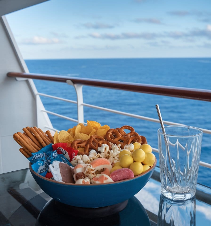 A bowl brimming with assorted snacks—chips, pretzels, popcorn, chocolate bars, and candies—rests on the table alongside a glass. In the background, an ocean view and a blue sky with clouds are visible from the ship deck, conjuring ideas of enjoying treats on a relaxing cruise.