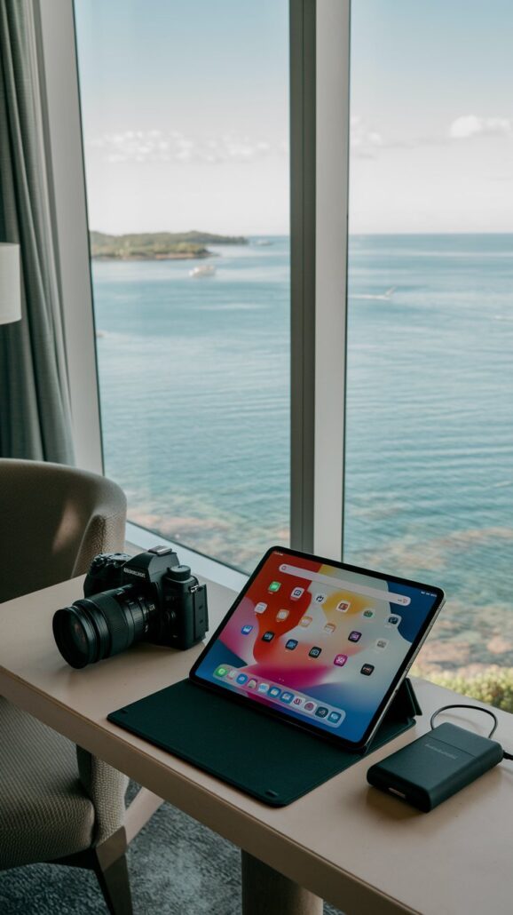A tablet with a colorful home screen sits on a table beside a camera and a portable charger, perfect for capturing memories on your Canada cruise. The table is positioned near a large window with an ocean view. A chair is partially visible on the left, offering serene inspiration for packing tips.