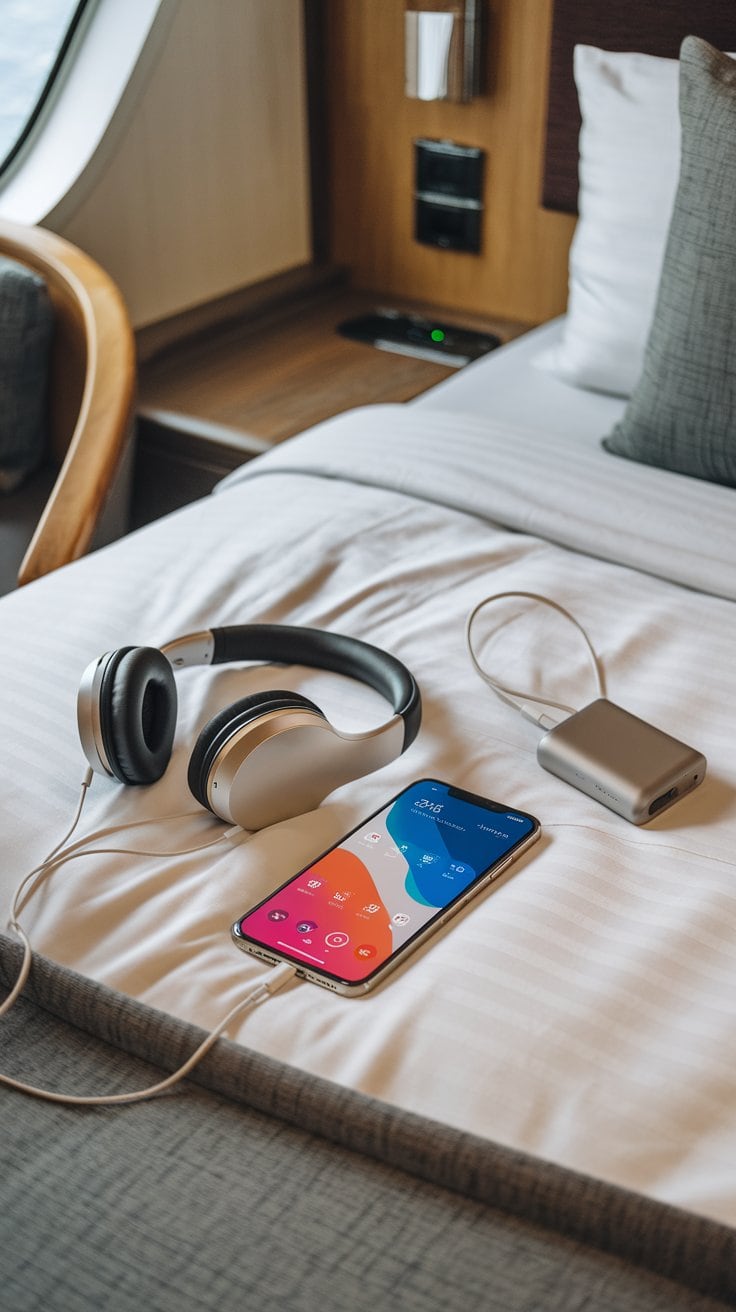 A smartphone with a colorful screen displaying various apps lies on a bed next to a pair of over-ear headphones and a portable hard drive. It's the perfect setup for finalizing packing tips before your cruise, in a cozy room with natural light pouring through the window.