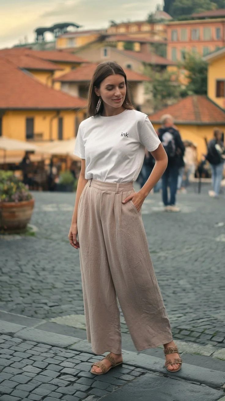 A woman stands on a cobblestone street, embodying chic outfit ideas with her white T-shirt featuring "ink," beige wide-leg pants, and sandals. The backdrop of people, tiled-roof buildings, and potted plants hints at an Italian cruise adventure in a quaint village.