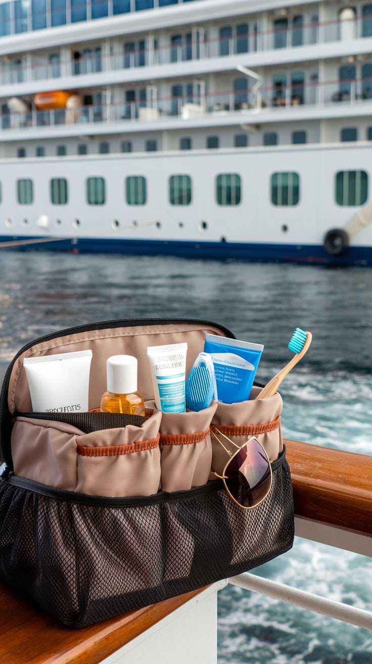 A travel toiletry bag with sunscreen, shampoo, toothpaste, a toothbrush, a facial brush, and sunglasses sits on a railing of a cruise ship. The ship's exterior and windows are visible in the background above the water—a perfect snapshot for your free cruise packing list of essential items.