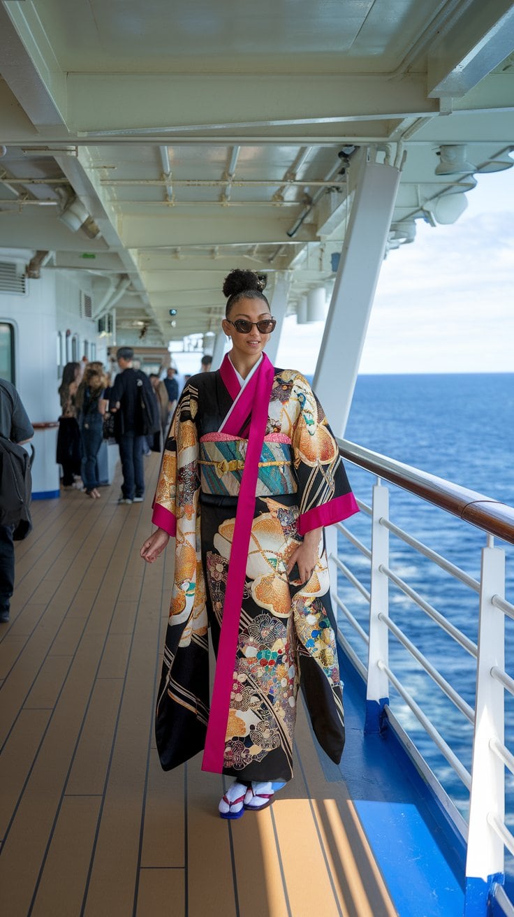 A woman in a colorful kimono and chic sunglasses strolls along the deck of a Japan cruise ship. The ocean forms a stunning backdrop, and fellow travelers add to the sense of adventure as they explore further down the deck under clear skies.