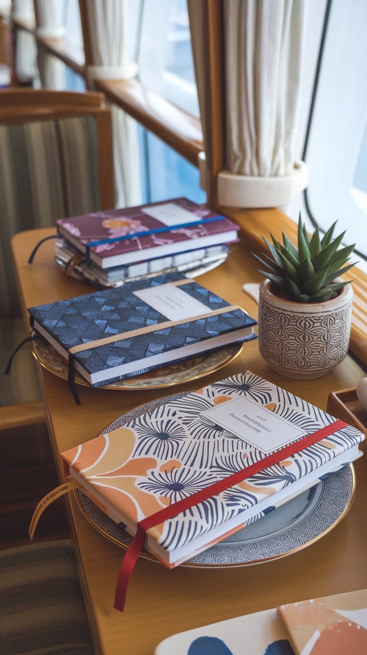 A table displays several patterned notebooks stacked on plates—thoughtful gifts with colorful covers and abstract designs. A small potted succulent sits beside them, while the background features a striped chair and a window with curtains, offering delightful gift ideas that stand out.