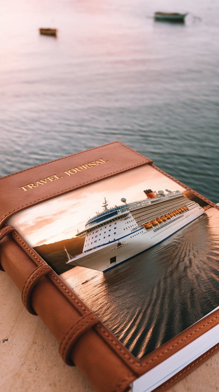 A brown leather-bound travel journal rests overlooking a body of water, featuring a large cruise ship on its cover. The title "Travel Journal" is embossed in gold atop this delightful cruise gift, perfect for capturing memories at sea.