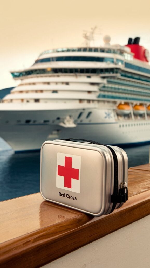 A metal first aid kit, an essential item on any packing list, with a red cross symbol sits on a wooden railing. In the background, a large white and blue cruise ship is docked, preparing for its Greek cruise. The sky is clear.
