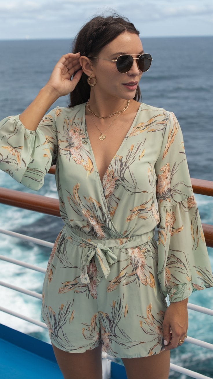 A person stands on a ship's deck, exuding chic vacation style in sunglasses and a floral-patterned, light green romper. The ocean stretches in the background as they touch their hair and gaze to the side, epitomizing perfect cruise outfits.