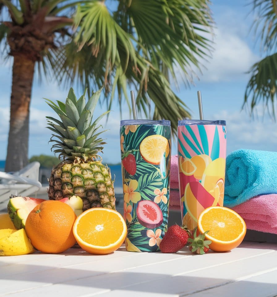 Two tropical-themed tumblers with straws sit on a white table, surrounded by vibrant fruit like pineapples, oranges, and strawberries. Perfect for sparking cruise tumbler ideas, colorful towels accent the scene, set against palm trees swaying against a clear blue sky.