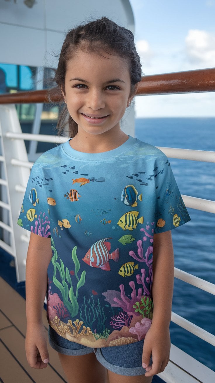A young girl stands on a ship deck, her imaginative attire boasting a vibrant Cruise Shirt Design with an underwater scene of fish and coral. The ocean stretches in the background under a clear blue sky, as if part of her creative cruise adventure.