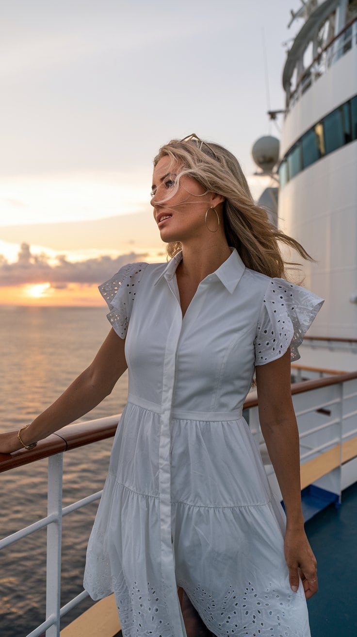 A woman in a chic white dress stands on a ship's deck at sunset, epitomizing effortless style. She leans against the railing, her hair dancing in the wind against the backdrop of an ocean and cloudy sky, a nod to preppy cruise outfits.