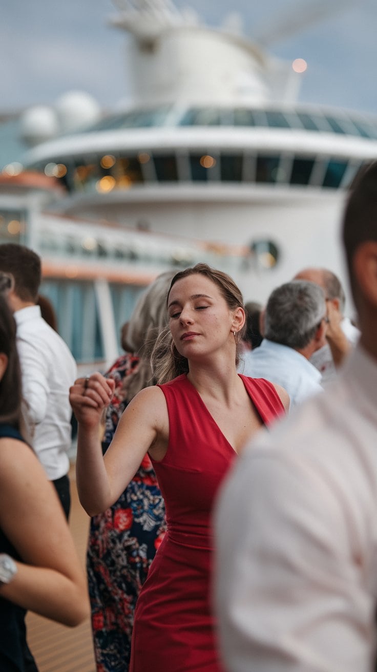 A woman in a red dress dances with her eyes closed on a cruise ship deck, embodying the perfect moment of unplanned joy. In the background, other passengers join in the dance beneath the cloudy sky, enjoying their cruise adventures.