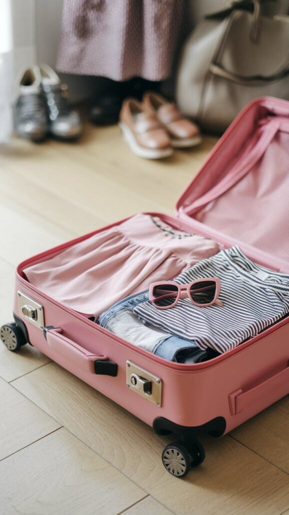 An open pink suitcase on a wooden floor is packed with essential items for a cruise, including neatly folded clothing such as a striped shirt and pink blouse. A pair of pink sunglasses rests on top, ready for the adventure. Shoes and a bag are visible in the background.