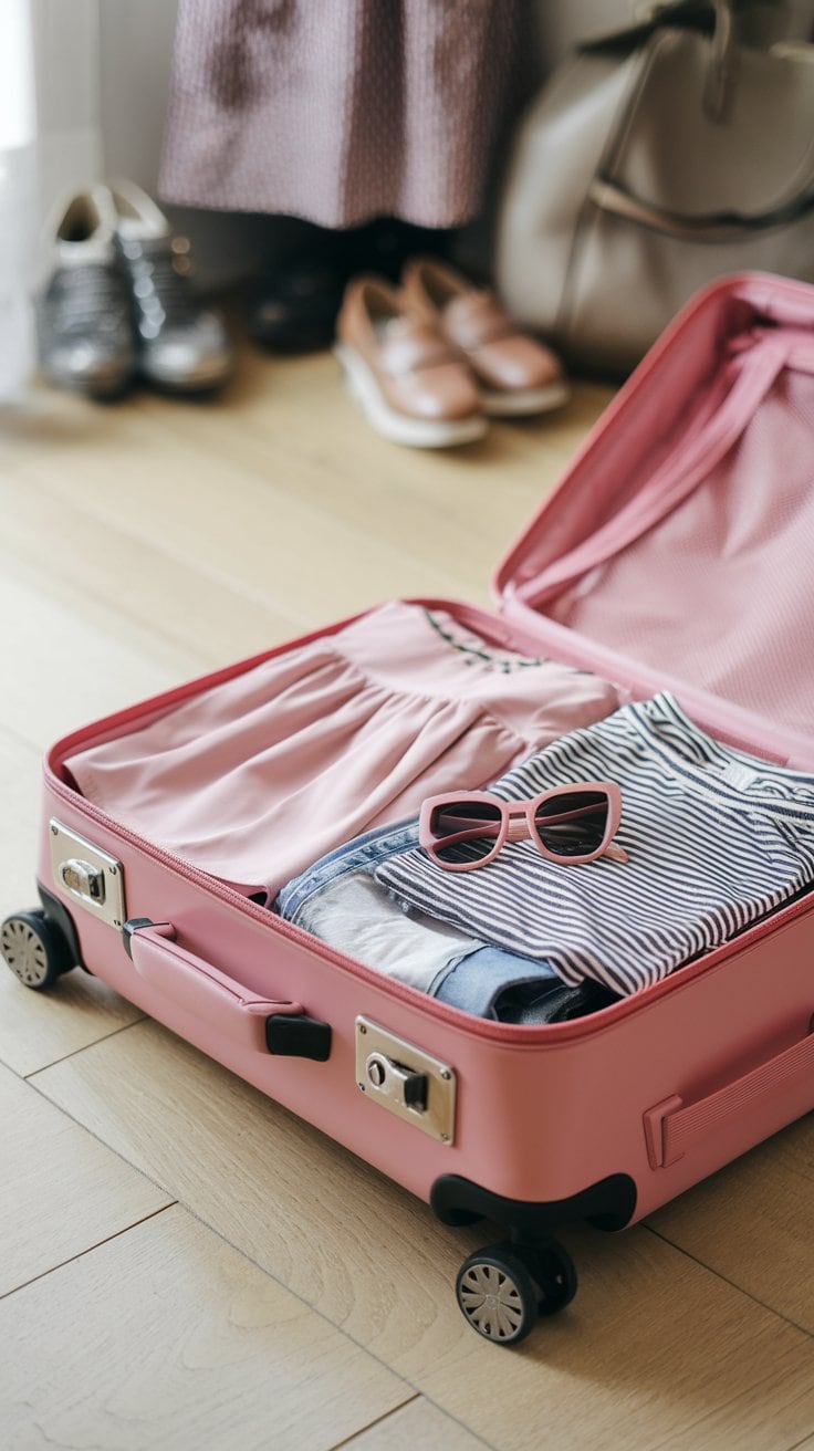 An open pink suitcase on a wooden floor is packed with essential items for a cruise, including neatly folded clothing such as a striped shirt and pink blouse. A pair of pink sunglasses rests on top, ready for the adventure. Shoes and a bag are visible in the background.