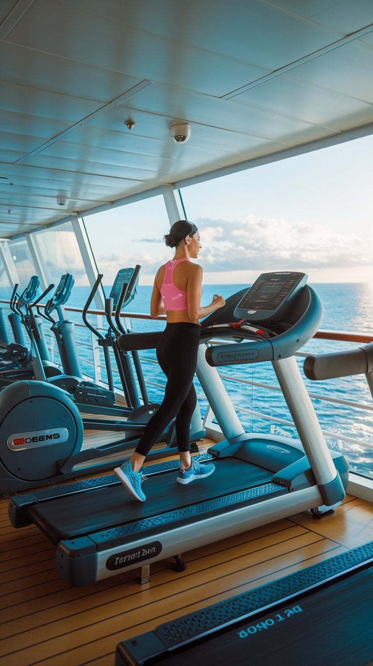 A person in chic athletic wear runs on a treadmill in a gym with large windows. The view outside shows the ocean and a partly cloudy sky, lending a vacation style vibe. The gym is well-equipped with multiple treadmills and exercise machines, perfect for staying fit while on a cruise.
