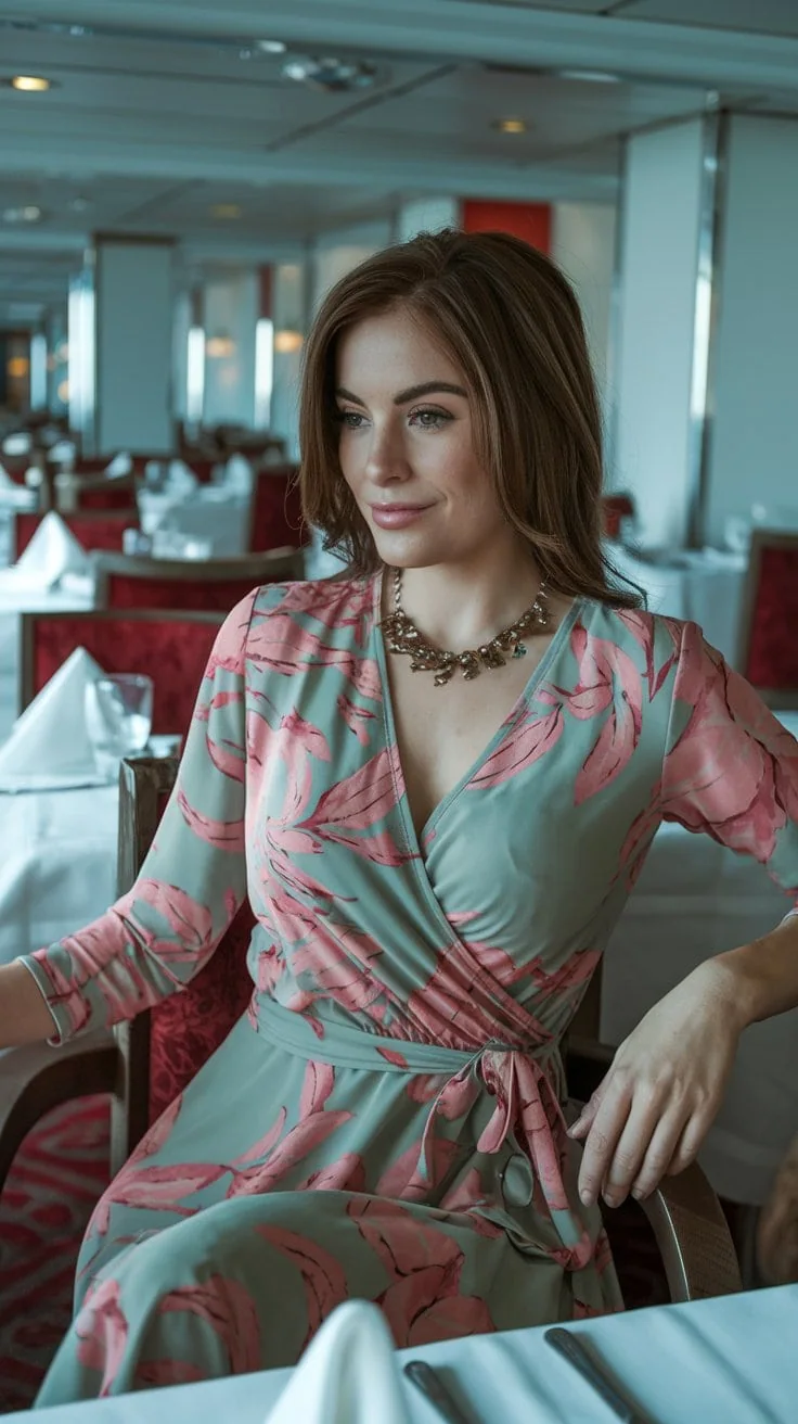 A woman sits in a restaurant, wearing a pink floral wrap dress akin to formal cruise outfits. She has shoulder-length brown hair and is smiling slightly, with her arm resting on the chair. The onboard restaurant features red chairs and tables adorned with white tablecloths and napkins.