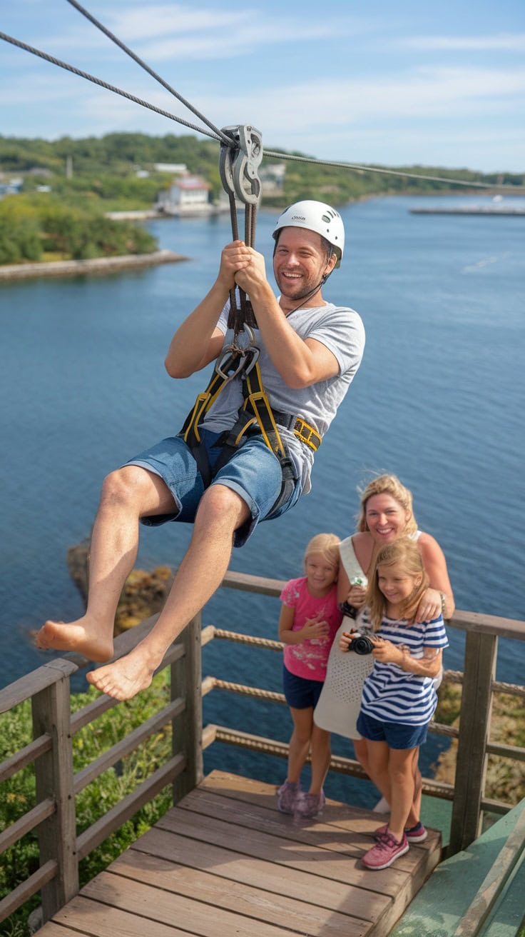 Family zip-lining during a shore excursion with scenic views in the background.