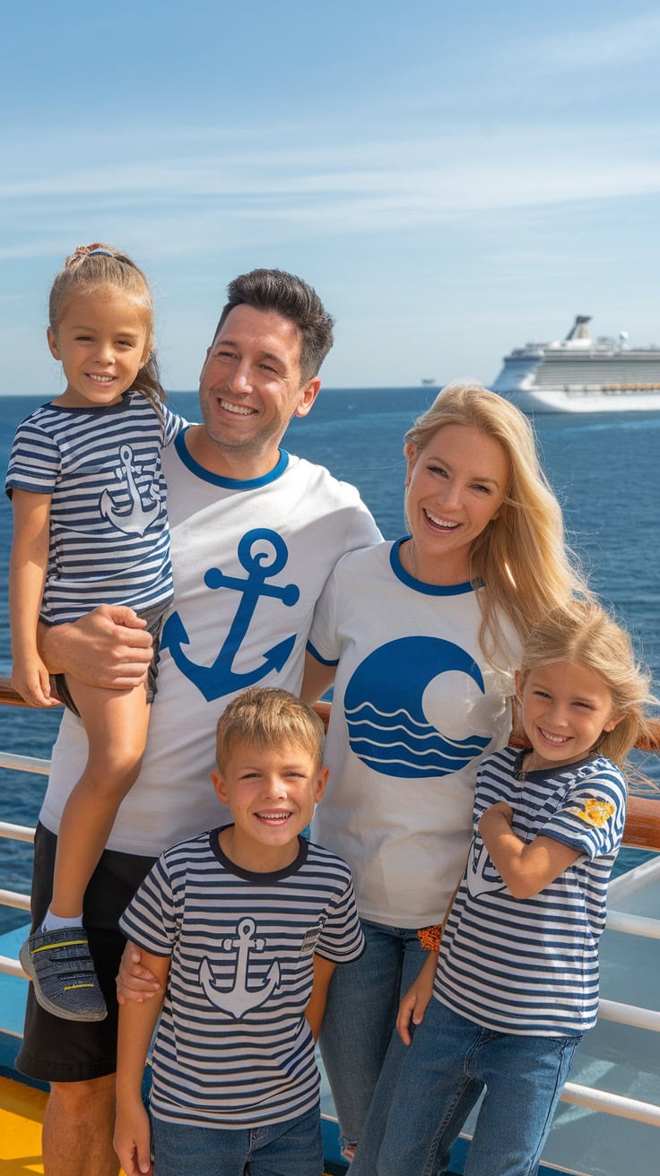 Family wearing matching anchor and waves themed shirts on a cruise