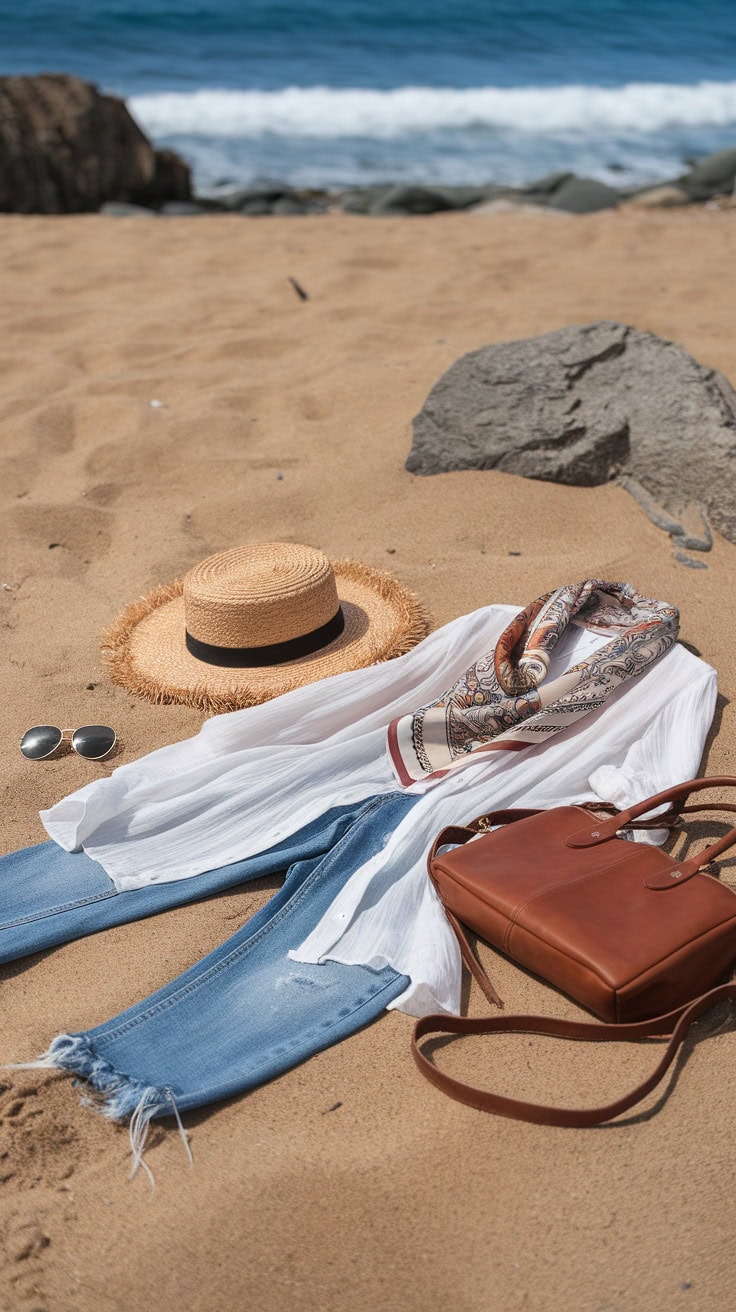 Beachy bohemian outfit featuring a white blouse, denim jeans, a sun hat, sunglasses, and a brown bag on the beach