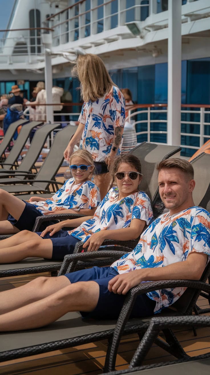 Family wearing matching beachy floral shirts while relaxing on a cruise