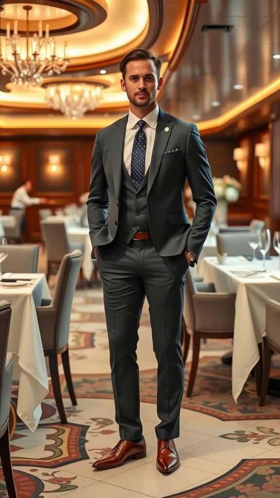 A beautifully tailored navy pinstriped suit displayed with black shoes and a red striped tie.