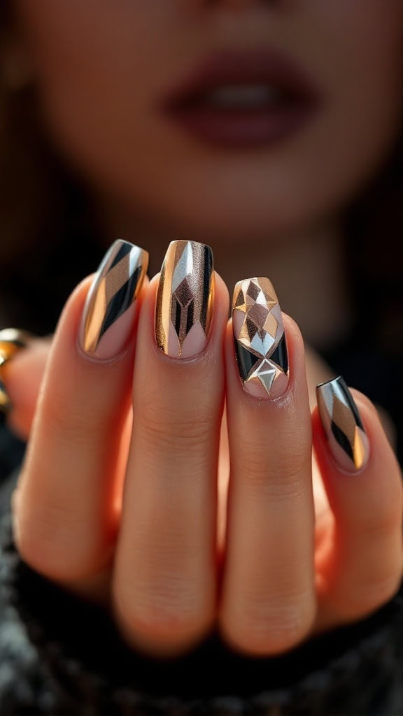Nails with bold metallic accents featuring geometric designs and studs.