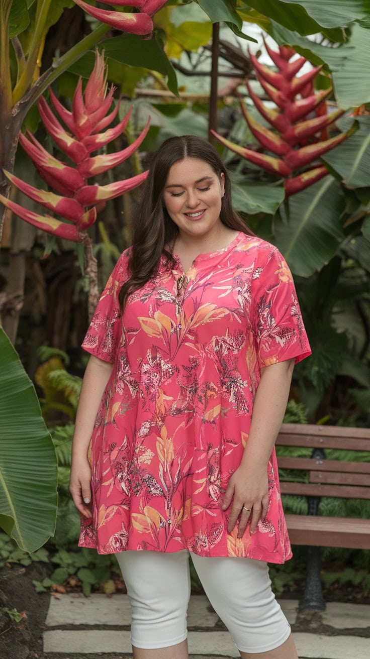 A stunning woman in a pink floral dress and white leggings stands outdoors, smiling with her eyes downward. Large green leaves and pink tropical flowers create a vibrant backdrop, while a wooden bench is partially visible behind her. Perfect for those exploring Bahamas cruise outfits.