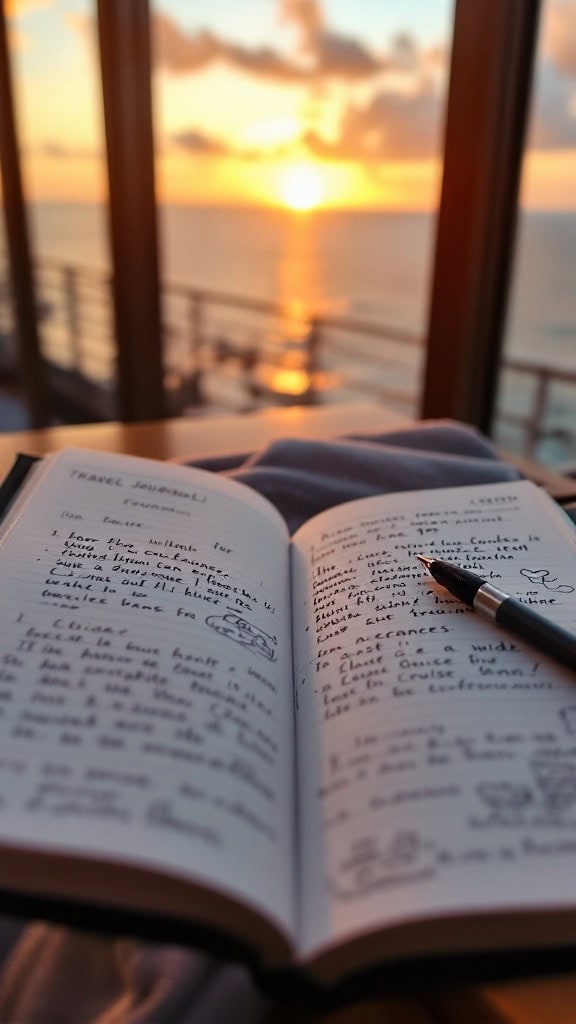 A travel journal opened with handwritten notes, set against a stunning sunset over the ocean.