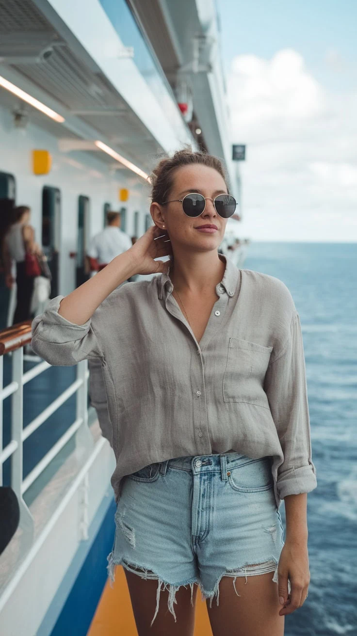 A woman in a linen shirt and denim shorts on a cruise ship, smiling and enjoying the view.