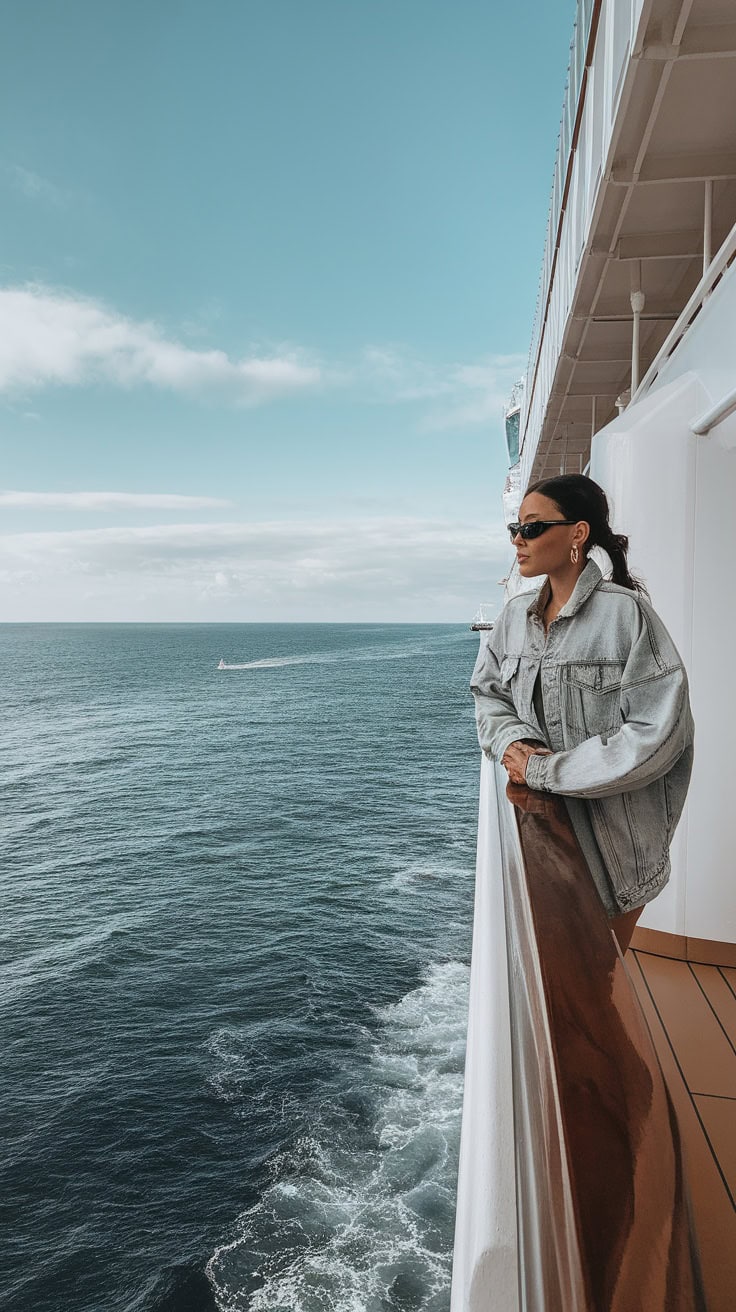 A woman leaning on a cruise ship railing, wearing a denim jacket and sunglasses, with the ocean in the background.