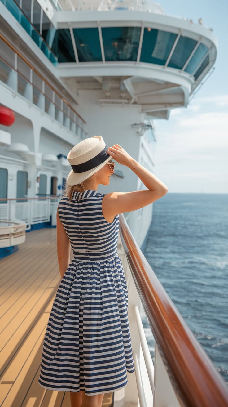 A woman in a striped dress and sun hat enjoying a view from a cruise ship.
