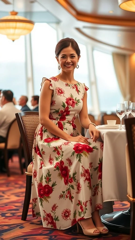 A charming tea-length dress with a floral design, perfect for formal occasions.