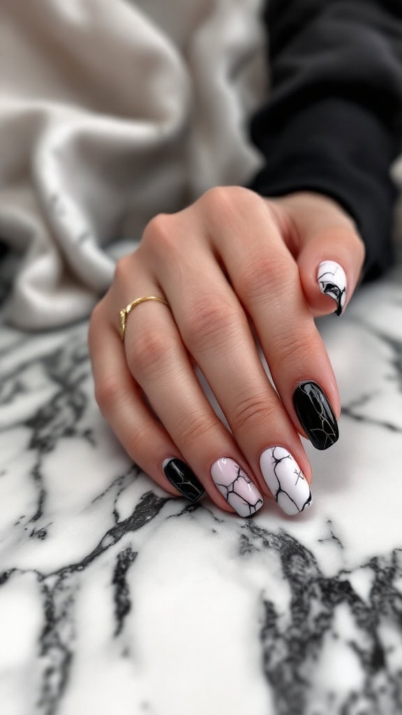 Nails with a chic marble finish featuring black and white designs