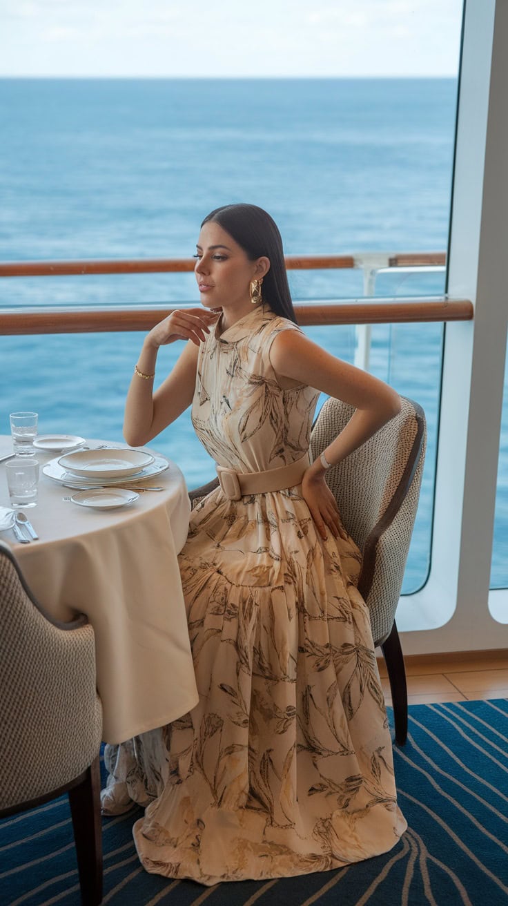 A beautifully set dining table with an elegant maxi dress draped over it, overlooking the ocean.