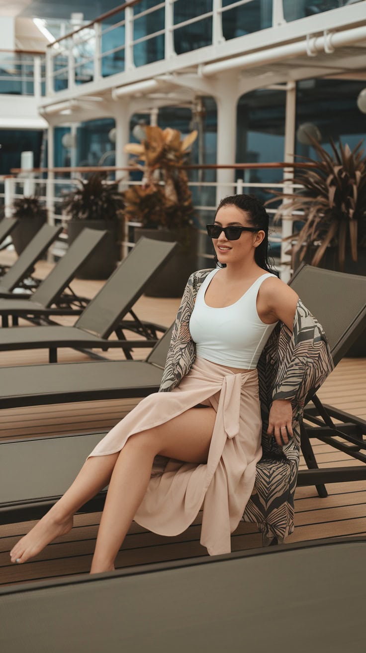 A woman sits by the pool in a colorful swimwear cover-up, enjoying the sun.