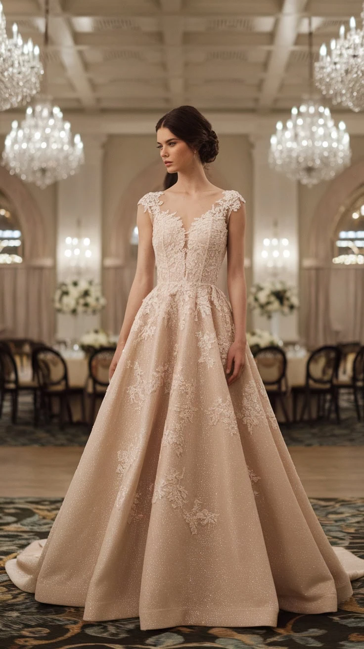 A model wearing a classic A-line evening gown in a luxurious setting