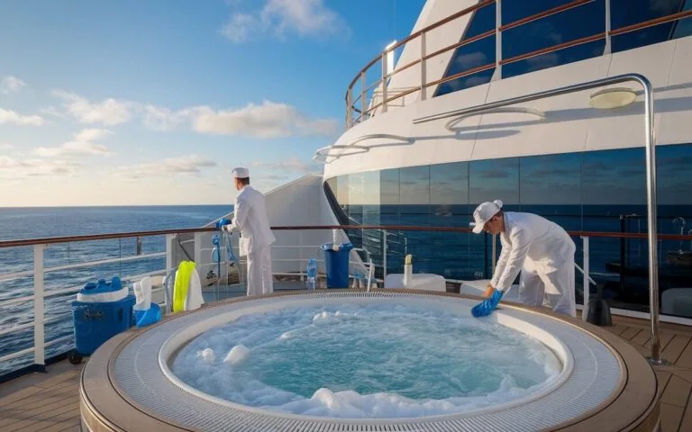 Two staff members in white uniforms meticulously clean the deck of a cruise ship near a circular hot tub, ensuring every surface is spotless to prevent Legionnaires’ Disease. The ocean stretches into the distance under a clear blue sky, with cleaning supplies neatly arranged nearby.
