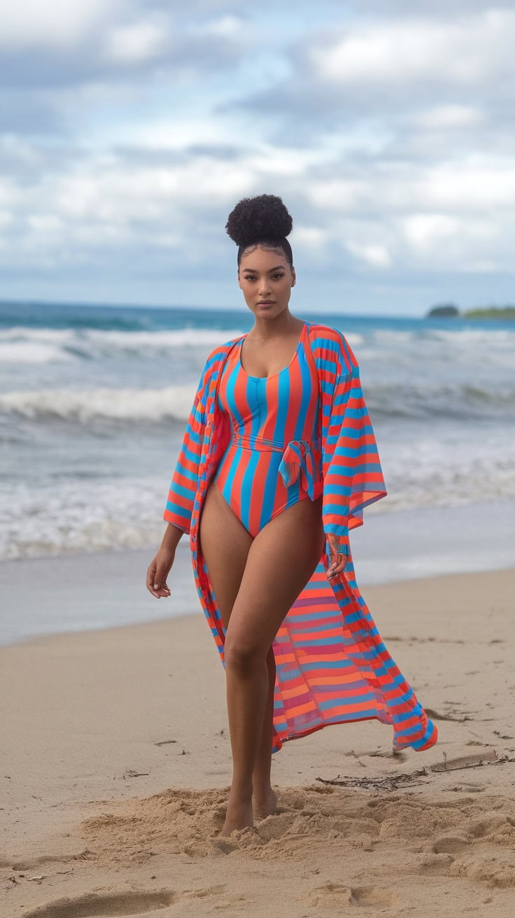 A person in a colorful swimsuit with a floral cover-up on the beach