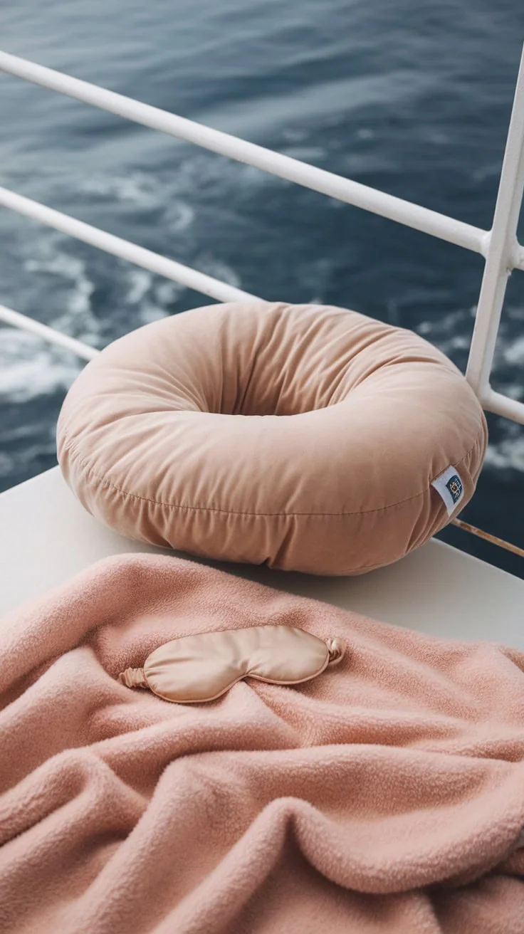 Soft neck pillow, cozy blanket, and eye mask resting on a table with ocean view