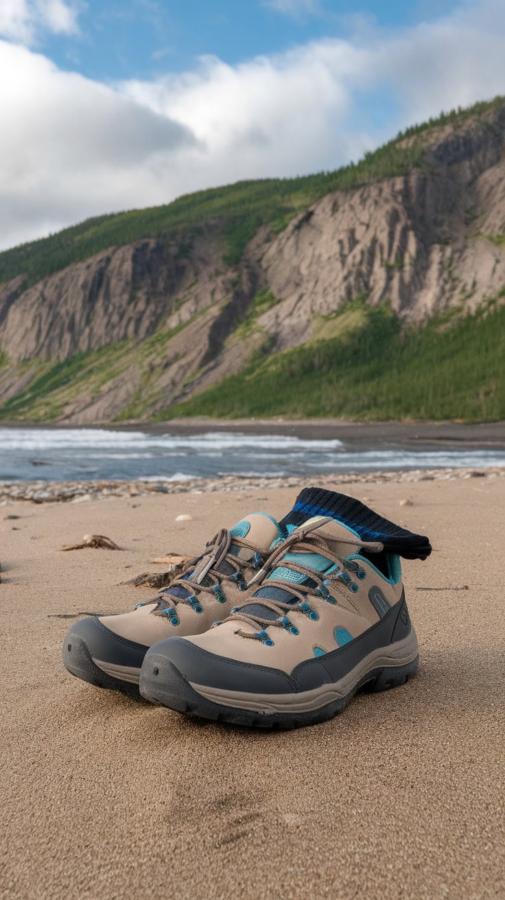 A pair of comfortable outdoor shoes on a sandy beach with mountains in the background.