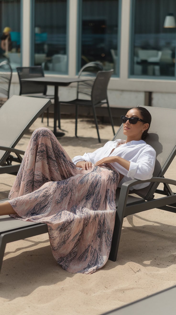 A pair of floral palazzo pants draped over a lounge chair with a magazine and sunglasses nearby.