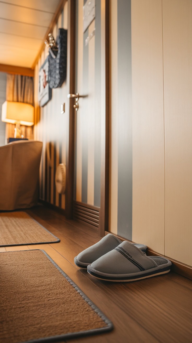 A pair of gray slippers on the floor of a cruise cabin