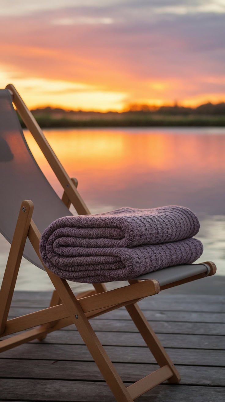 A cozy purple blanket neatly folded on a chair by the water during sunset.