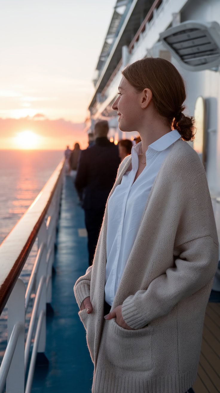 Woman wearing a cozy cardigan on a cruise ship during sunset.