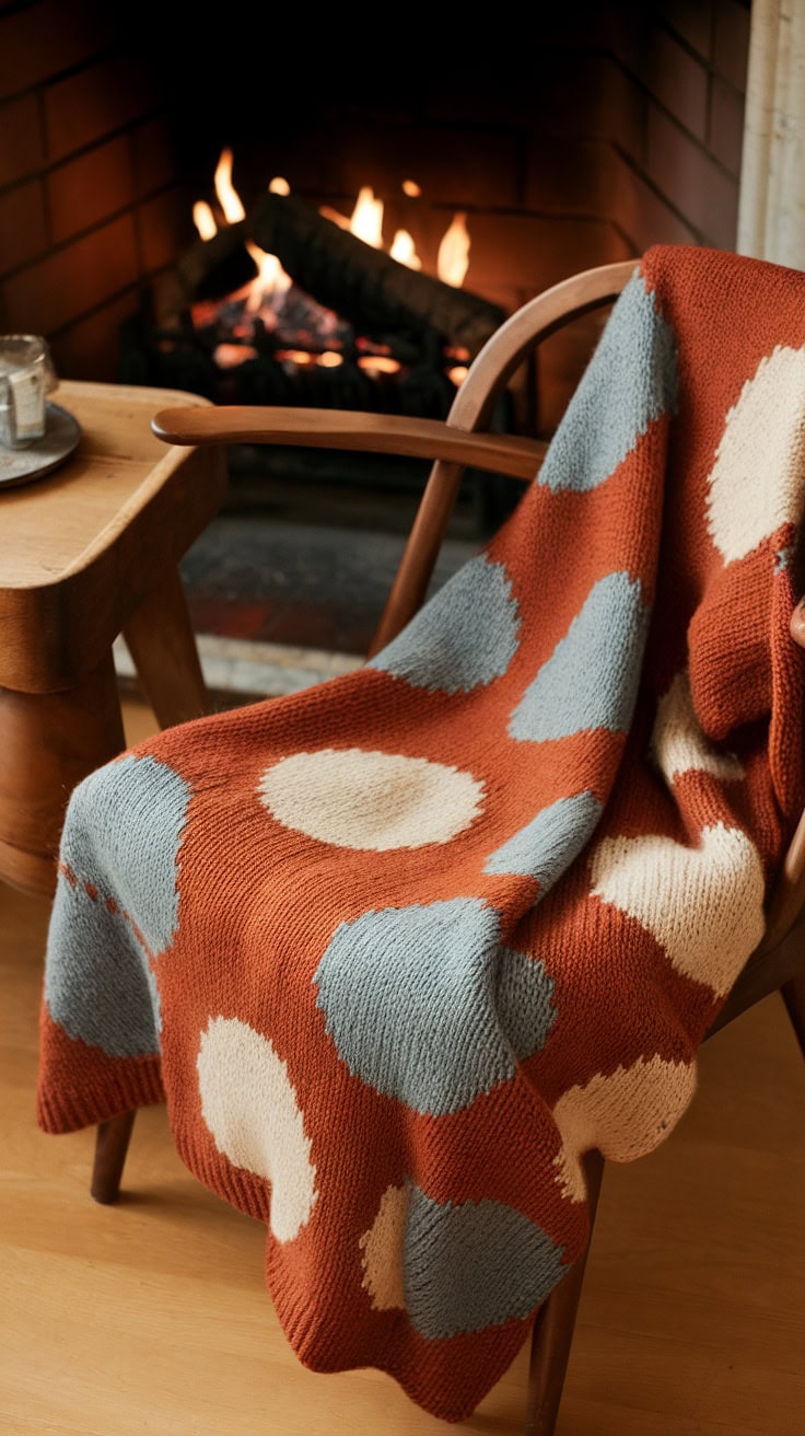 A cozy sweater draped over a chair in front of a fireplace, suggesting warmth and comfort.