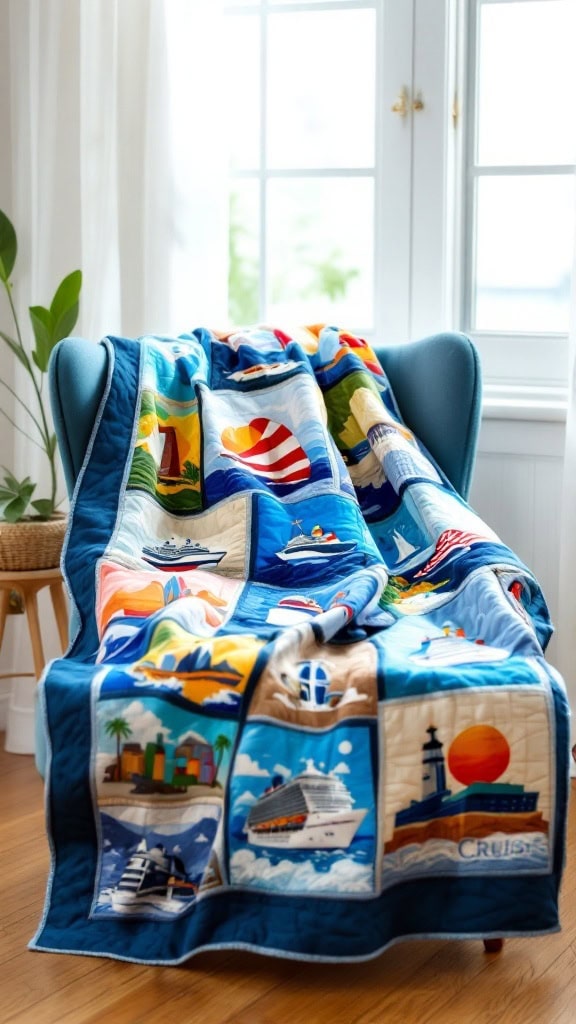A colorful cruise-themed memory quilt draped over a chair, featuring various nautical designs and illustrations.