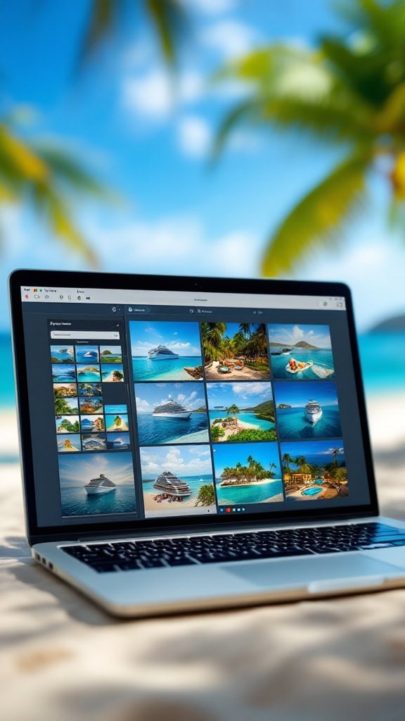 A laptop on the beach displaying a digital photo album of a cruise.