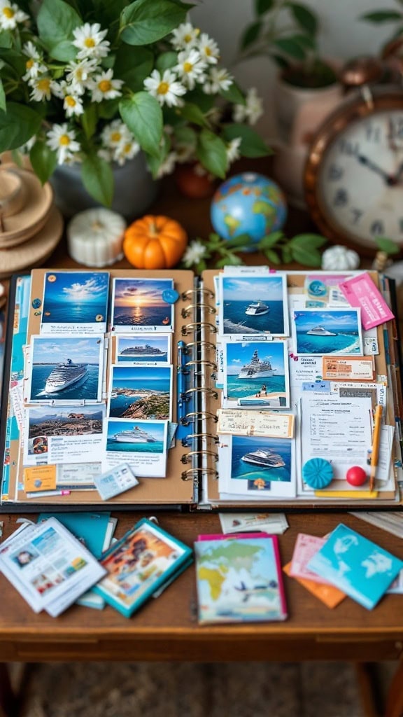 A personalized scrapbook filled with travel memories, photos, and souvenirs from a cruise.
