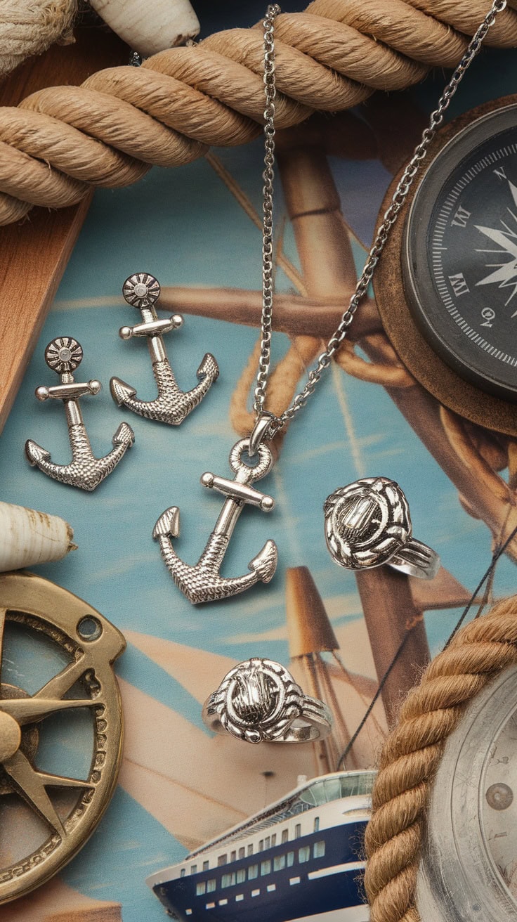 Silver maritime-themed jewelry pieces, perfect as group cruise gift ideas, include anchor earrings, a necklace, and a ring. These treasures are elegantly displayed on a nautical background with ropes, a compass, and a photo of a ship.